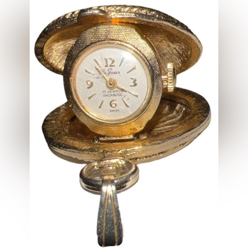 Vintage Working LeJour Pop Up Gold Floral Scene Pocket Watch 17 Jewels Incabloc